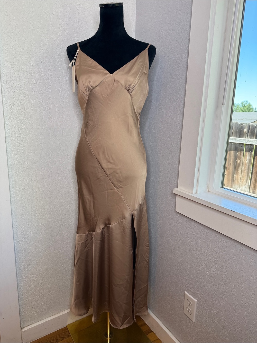 In Loom Satin Slip Dress Champagne Taupe Side Slit Size Large Quiet Luxury